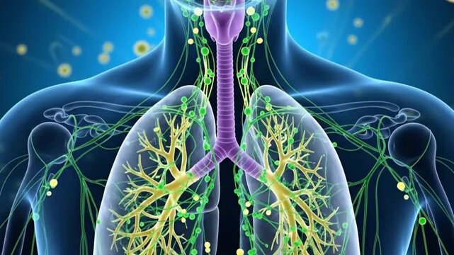 An illustration of the human respiratory system focusing on the lungs and lymph nodes