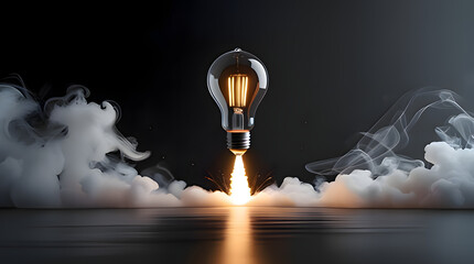 Light bulb taking off like a rocket with fire and smoke against a dark background, symbolizing startup, innovation, and bright idea launch