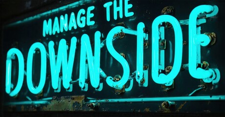 Obraz premium Bright neon sign displays text. Turquoise glow contrasts dark background. Message promotes risk management, positive outlook.