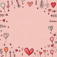 Hand-drawn heart pattern frame on pastel background.