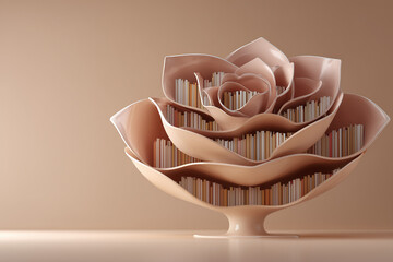 Flower-shaped bookshelf with layered wooden shelves.