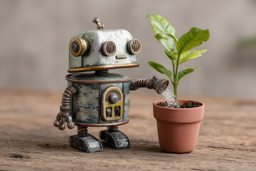 Vintage robot watering a small potted plant.