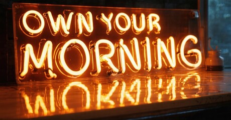 Bright neon sign displays motivational phrase. Warm orange glow illuminates dark background, creating striking visual impact. Reflection visible below.