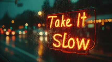 Mindful New Year and Emotional Wellness, neon &ldquo;Take It Slow&rdquo; sign glowing through rainy urban window, capturing emotional reset, mindful stillness, and seasonal reflection for intentional balance