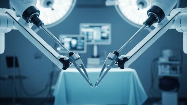 Surgical robotic arms focused on an operating table in a modern hospital setting