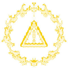 Abstract yellow triangle warning symbol surrounded by an electric fluid energy ring, featuring glowing motion and symmetrical liquid shapes. 