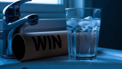Glass of water with winning message.