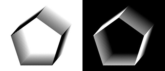 Abstract pentagon-like shapes formed by parallel lines. Optical illusion. Ideal for modern design, icon, logo. A black figure on a white background and an equally white figure on the black side.