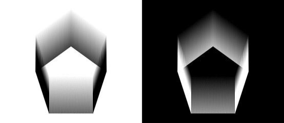 Abstract pentagon-like shapes formed by parallel lines. Optical illusion. Ideal for modern design, icon, logo. A black figure on a white background and an equally white figure on the black side.