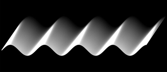 Abstract sine wave made of diagonal white lines on black background. Minimalist pattern visualizing frequency, amplitude, and harmonic motion. Ideal for science or tech themes.