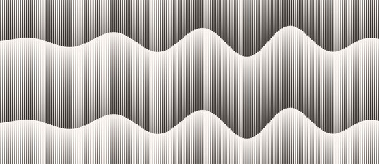 Abstract black and white wave pattern with vertical lines forming rhythmic optical illusion. Perfect for modern design, minimal art, and visual perception themes.