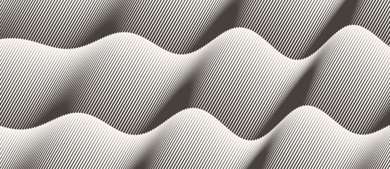 Abstract black and white wave pattern with diagonal lines forming rhythmic optical illusion. Perfect for modern design, minimal art, and visual perception themes.