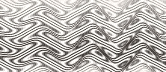 Wavy black lines on white background create optical illusion of depth and motion. Abstract rhythmic pattern ideal for background, visual art, design, or perception themes.