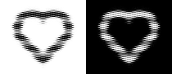 Halftone heart design with dots gradients. Symmetrical, ideal for love themes, art and abstract visuals, icon, logo. A black figure on a white background and an equally white figure on the black side.