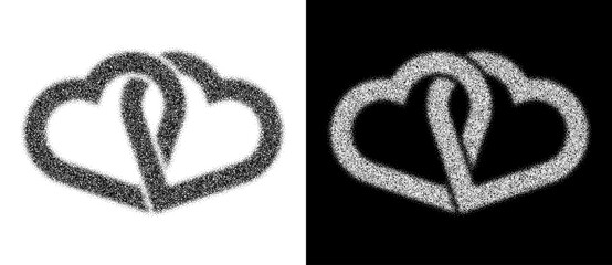 Two interlocking hearts formed by halftone dots with ribbon accent. Abstract romantic design ideal for logo, icon, background, emotion, love, or graphic themes.