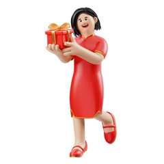 3D Rendered Woman Holding Gift Wearing Cheongsam