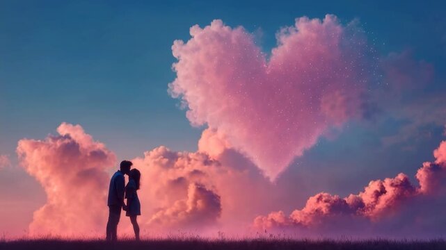 Silhouette couple stands under glowing heart shaped cloud at sunset sky expressing deep romance intimacy and dreamy love story atmosphere for valentines and wedding themes