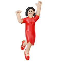 Cheerful Woman Wearing Red Cheongsam Illustration