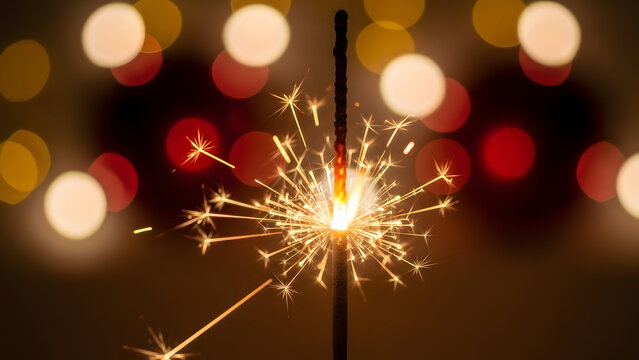 Sparkler Burning Brightly with Bokeh Lights Background