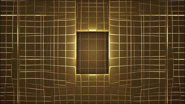 A luxurious abstract background featuring a glowing golden grid pattern with a prominent central rectangular frame, creating a modern and elegant visual effect.
