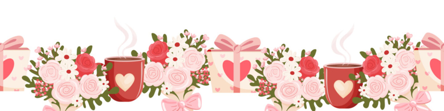 Romantic floral border with roses, flowers, gift boxes, bows, coffee cups and hearts for Valentine cards, invitations, banners, packaging and love themed designs