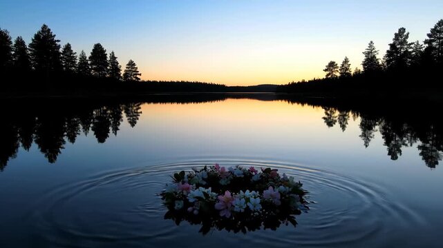 Floating flower wreath ritual on a calm lake at sunset, a pagan offering and nature worship footage.