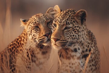 Two leopards in an intimate embrace amid tall grasses and sunlit earth tones
