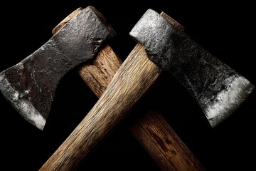 Two axes crossed over a black background in dramatic studio lighting