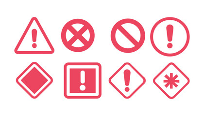 Red warning signs and symbols on white background exclamation marks