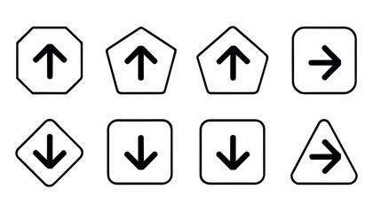 Black and white directional arrows on various shaped signs octagon pentagon