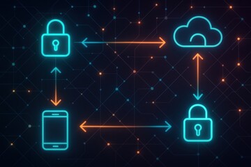 Digital illustration shows locks, cloud storage, and devices connected with arrows to represent data security and encryption processes