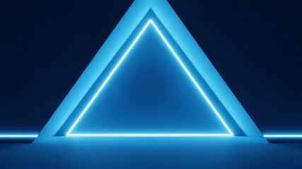 Glowing blue triangle neon light installation in dark room with futuristic ambiance and empty space - Powered by Adobe