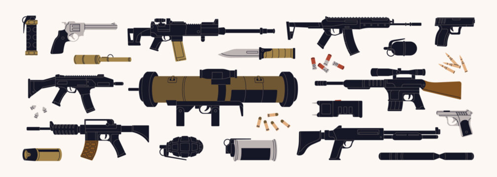 Different firearms and weapons set. Various handguns, rifles, guns, cartridges, grenades and knives. Military equipment for shooting and war. Flat isolated vector illustrations on white background