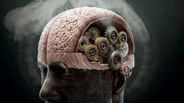 Human Brain Filled with Gears Cogs Smoke Dark Mysterious Mind Machinery Concept