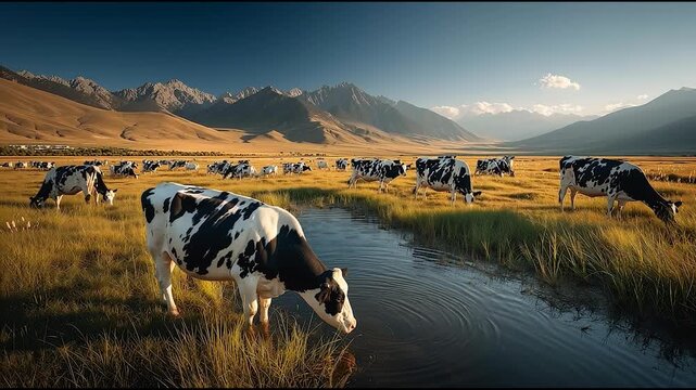 Herd of Holstein cows grazing and drinking water in scenic mountain valley under clear blue sky