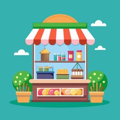 Small Bakery Shop Storefront with Products and Plants Vector Illustration
