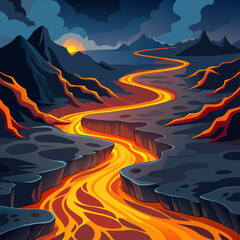 A winding river of lava flows through a dark volcanic landscape