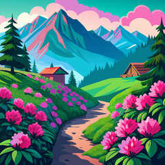 A vibrant landscape painting featuring mountains a stream and charming hillside homes