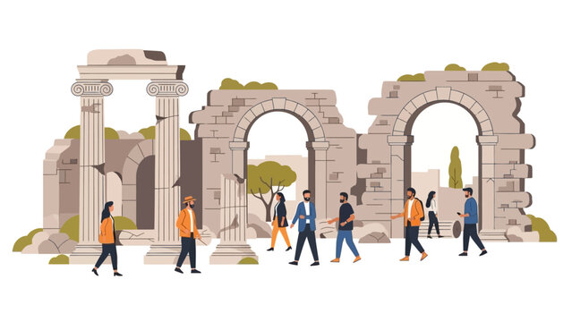 Flat vector illustration of diverse tourists visiting ancient Greek or Roman ruins with columns and stone arches, historical architecture sightseeing tour art.