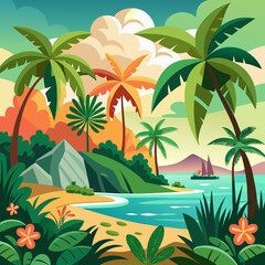 Tropical Beach Landscape with Palm Trees and Ocean Vector Illustration