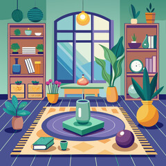 Cozy Reading Room Interior with Plants and Decorative Shelves Vector Illustration