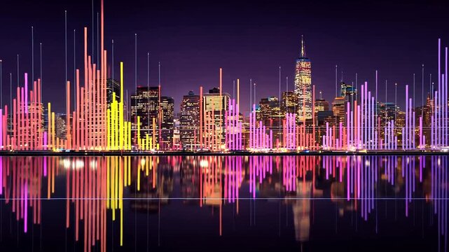 Colorful sound wave visualization over the New York City skyline at night.