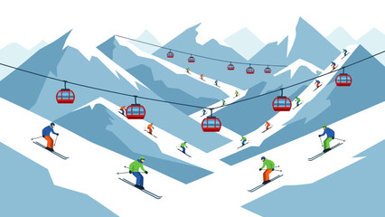 Vector Illustration of a Busy Winter Ski Resort with Red Cable Cars, Snowy Mountain Peaks, and People Downhill Skiing on Slopes for Outdoor Seasonal Activity. © CHAMOD 