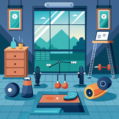 Home Gym Interior with Fitness Equipment and Window View Vector Illustration