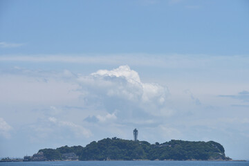 辻堂海岸から見える江の島と飛翔するカモメ