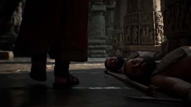 Man walks past a fallen man during a ritual in an ancient temple, pseudoscientific documentary footage.