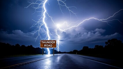 Dramatic lightning storm on wet highway.