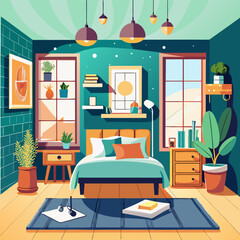 Cozy Green Bedroom Interior with Plants and Natural Light Vector Illustration