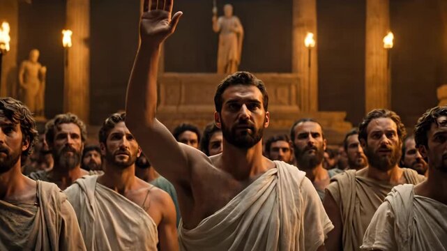 Man wearing a toga raising his hand in a crowd of ancient men, historical assembly or senate meeting. Documentary simulation footage.