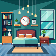 Modern Bedroom Interior Design with Bed, Bookshelf and Hanging Lights Vector Illustration